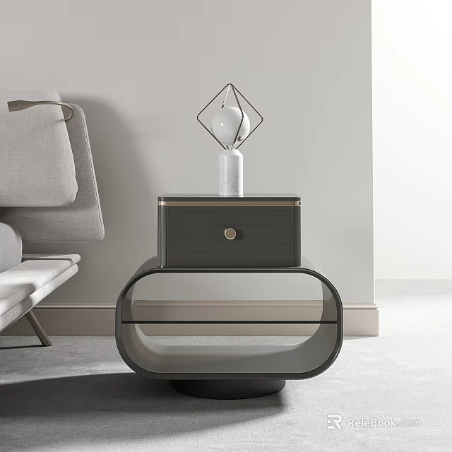 Modern Bedside Table Design With Wooden Drawer Metal Accents And Decorative Glass Lamp 3d model 