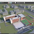 Multi story School Building With Red White Facade Playground Football Field And Green Trees