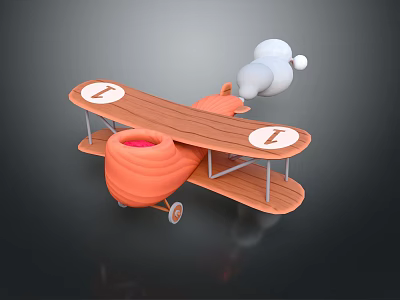 Adorable Toy Biplane With Orange Body Wooden Wings Number 1 And White Smoke Trail 3d model