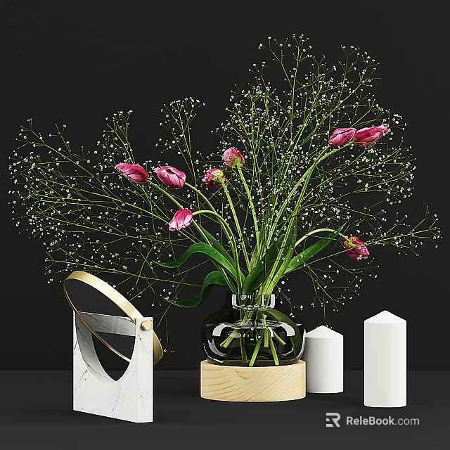 Transparent Glass Vase With Pink Tulips Baby's Breath On Wooden Base And Candles 3d model 