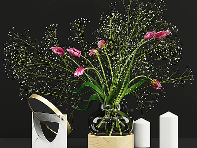 Transparent Glass Vase With Pink Tulips Baby's Breath On Wooden Base And Candles 3d model