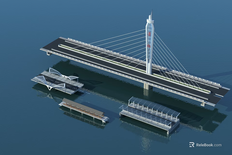 Modern Cable Stayed Bridge Design With Tower Cables And Water Surface Platforms 3d model 