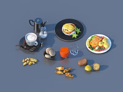 Assorted Food Platter With Coffee Sandwich Salad Juice And Cookies 3d model