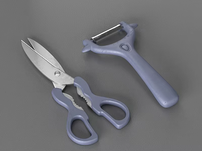 Practical Blue Kitchen Scissors And Peeler Tools On Gray Background 3d model