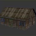Scenic Rustic Wooden Cabin in Natural Landscape with Sloped Purple Brown Roof and Small Windows