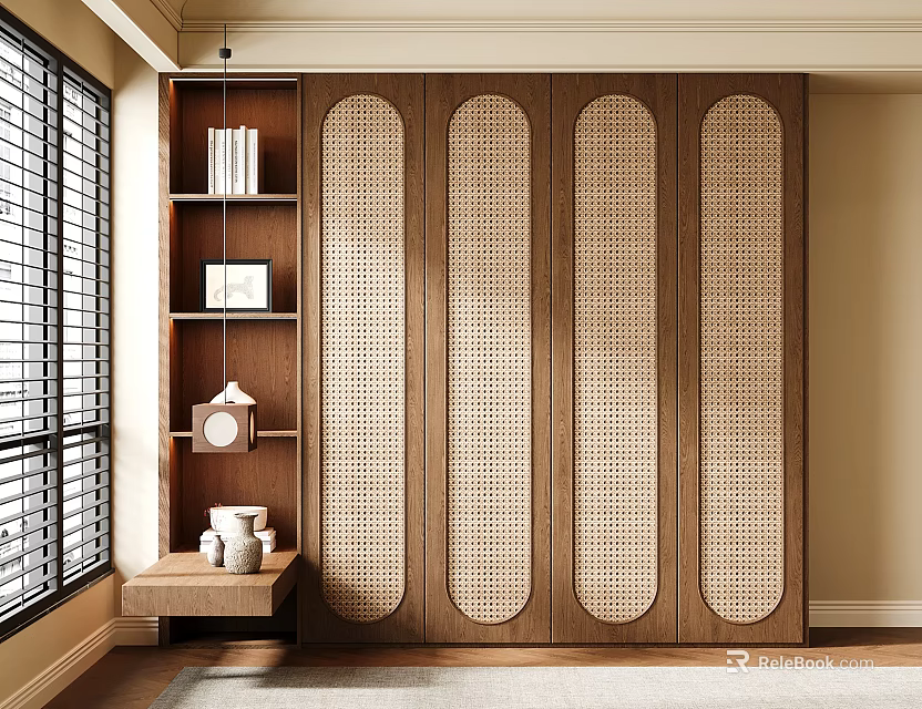 Modern Wooden Wardrobe With Oval Rattan Panels And Side Bookshelf Decor 3d model 