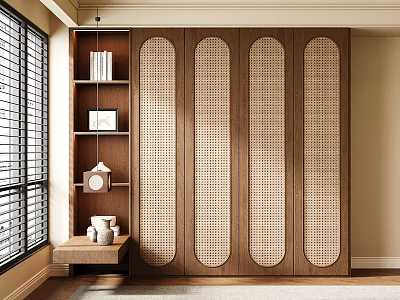 Modern Wooden Wardrobe With Oval Rattan Panels And Side Bookshelf Decor 3d model