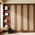 Modern Wooden Wardrobe With Oval Rattan Panels And Side Bookshelf Decor