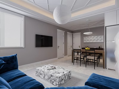 Modern Living Dining Room Interior With Blue Sofas Marble Coffee Table TV And Dining Table 3d model