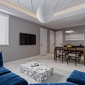 Modern Living Dining Room Interior With Blue Sofas Marble Coffee Table TV And Dining Table