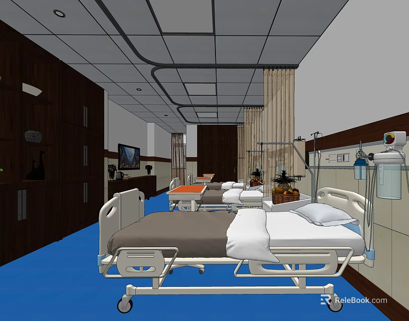 Hospital Ward Interior With Medical Beds Blue Flooring Wooden Cabinets And Equipment 3d model 
