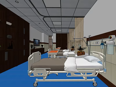 Hospital Ward Interior With Medical Beds Blue Flooring Wooden Cabinets And Equipment 3d model