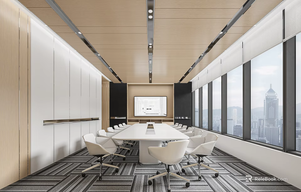 Modern Conference Room Featuring Long Table White Chairs Wooden Ceiling And City View 3d model 