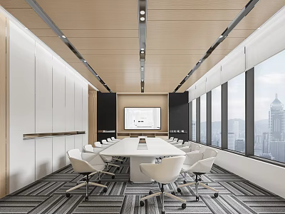 Modern Conference Room Featuring Long Table White Chairs Wooden Ceiling And City View 3d model