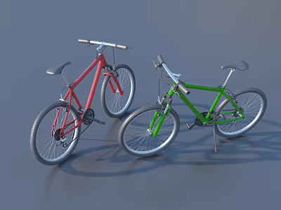 Red and Green Mountain Bicycles Parked Side by Side on Gray Background 3d model