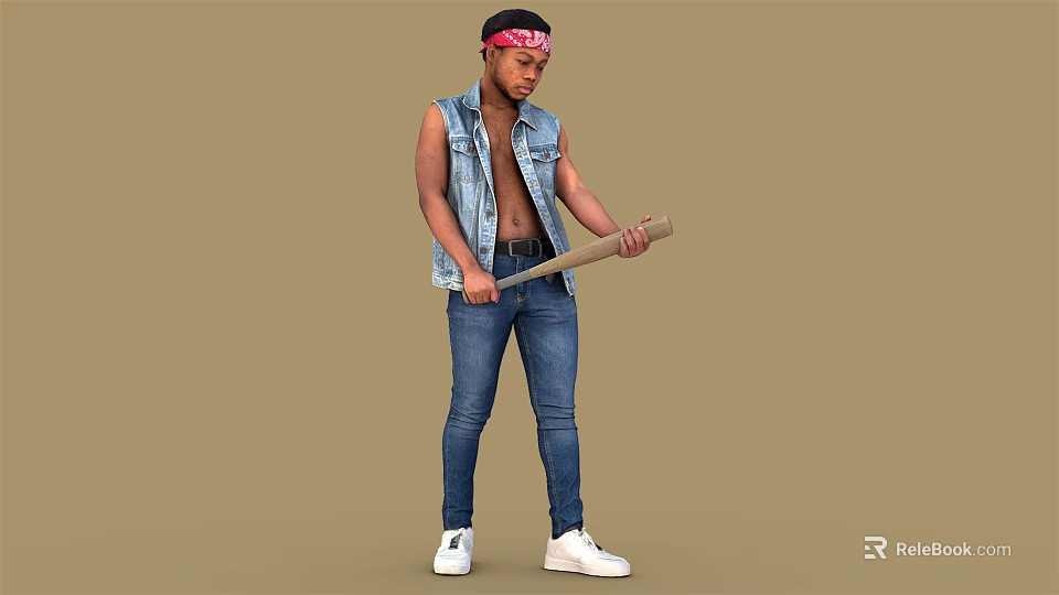 Man in sleeveless denim vest red bandana blue jeans white sneakers holding wooden baseball bat 3d model 