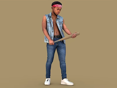 Man in sleeveless denim vest red bandana blue jeans white sneakers holding wooden baseball bat 3d model