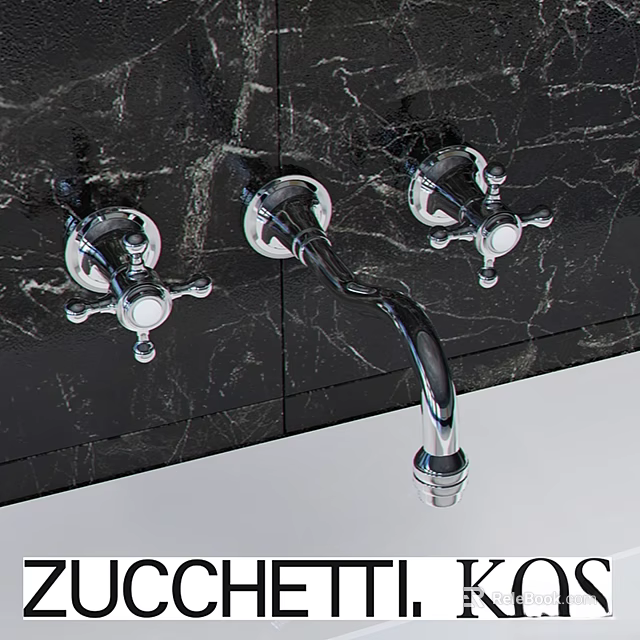 Elegant Chrome Bathroom Faucet With Black Marble Countertop And Handles 3d model 