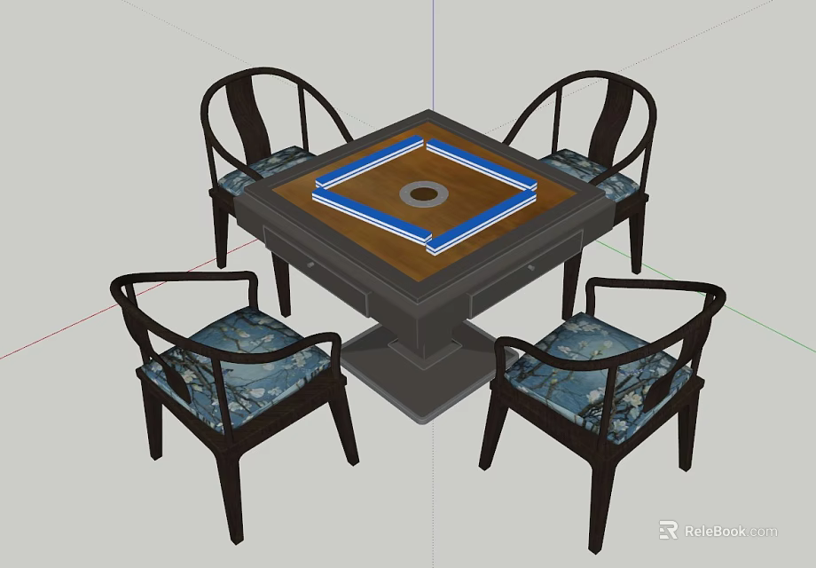Stylish Square Entertainment Table With Central Game Surface And Four Blue Cushioned Chairs 3d model 