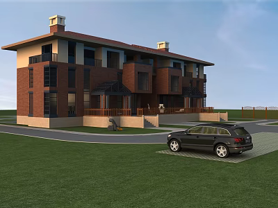 Modern Red Brick Duplex Villa Two Story Exterior with Lawn Driveway and Black SUV 3d model