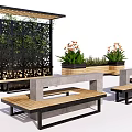 Stylish Outdoor Benches Wooden And Concrete With Greenery Wall Planters Flowers And Wooden Pergola