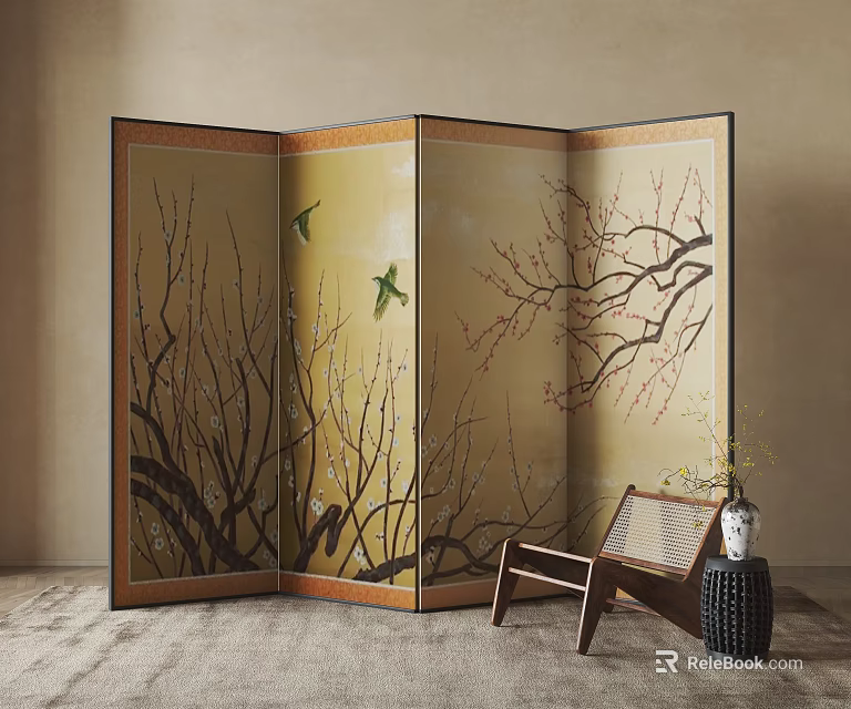 Oriental Style Room Divider Screen With Beige Background Tree Branches And Green Birds 3d model 