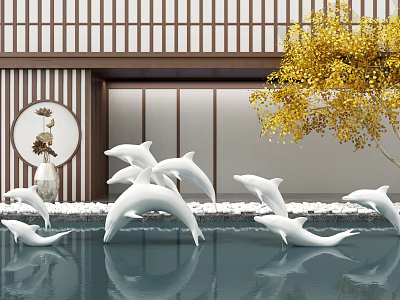 White Dolphin Sculptures Garden Ornament in Water with Yellow Ginkgo Tree and Circular Lotus Decoration 3d model