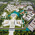 Modern School Building with Circular Design Greenery and Paved Pathway Under Blue Sky