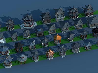 Traditional Chinese Pavilion Models With Various Roof Styles And Green Grass 3d model