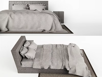 Minimalist Double Bed with Gray Bedding Soft Mattress and Modern Headboard 3d model