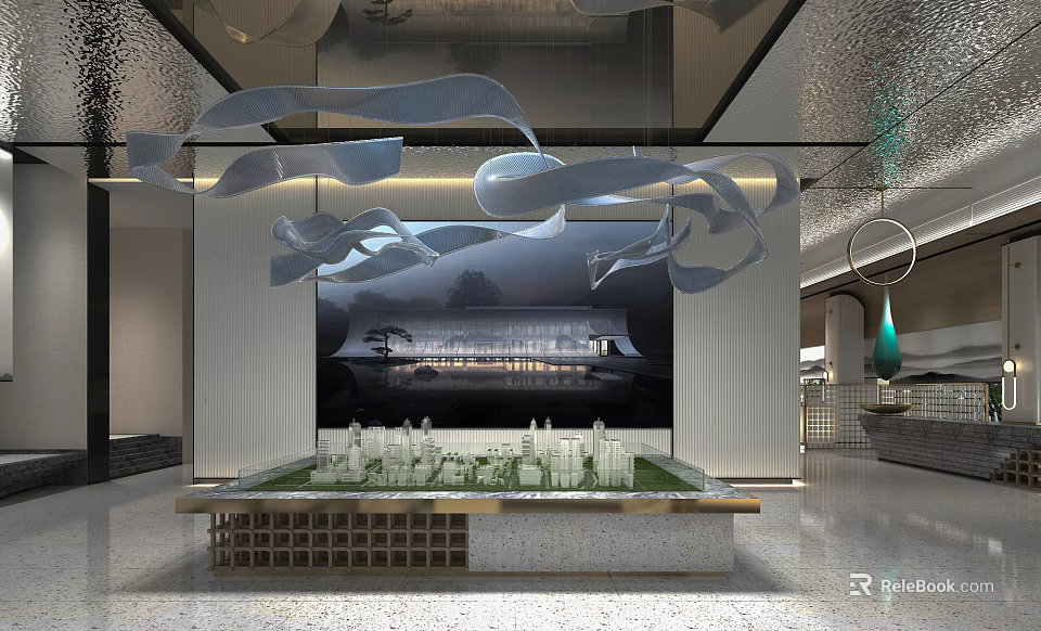 Elegant Sales Office Interior Featuring Architectural Model Showcase And Curved Ceiling Decor 3d model