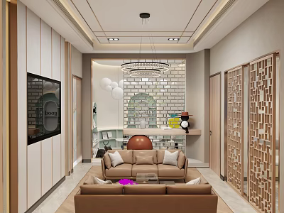 Modern Bank Interior Design With Stylish Chandelier Comfortable Sofa And Decorative Brick Wall 3d model