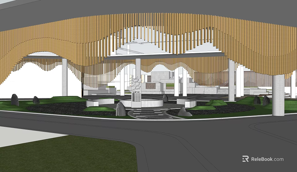 Modern Garden Landscape Design With Curved Wooden Slat Canopy And Lawn Steps 3d model 