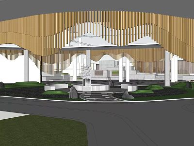 Modern Garden Landscape Design With Curved Wooden Slat Canopy And Lawn Steps 3d model