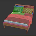 Double Bed With Wooden Frame Slatted Headboard Two Checkered Pillows And Gray Striped Comforter