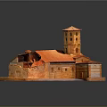 Cartoon Style Orange Building Model Featuring Tower And Multiple Roofs With Structural Details 3d model