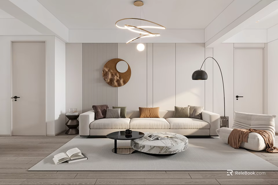 Modern Living Dining Room Interior With Neutral Sofa Pillows Coffee Table Floor Lamp And Circular Wall Art 3d model 