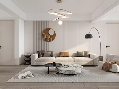 Modern Living Dining Room Interior With Neutral Sofa Pillows Coffee Table Floor Lamp And Circular Wall Art 3d model
