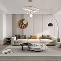 Modern Living Dining Room Interior With Neutral Sofa Pillows Coffee Table Floor Lamp And Circular Wall Art