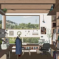 Wooden Study Room Interior Design With Large Windows Green Trees Outside And Bookshelves