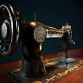 Vintage Industrial Sewing Machine With Wooden Tabletop And Metal Frame Structure