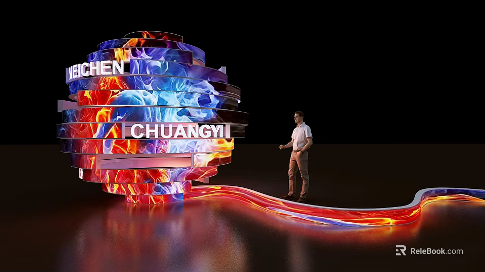 Illuminated Spherical Structure With WEICHEN CHUANGYI Text And Person Standing Beside Glowing Streamline Decoration 3d model 