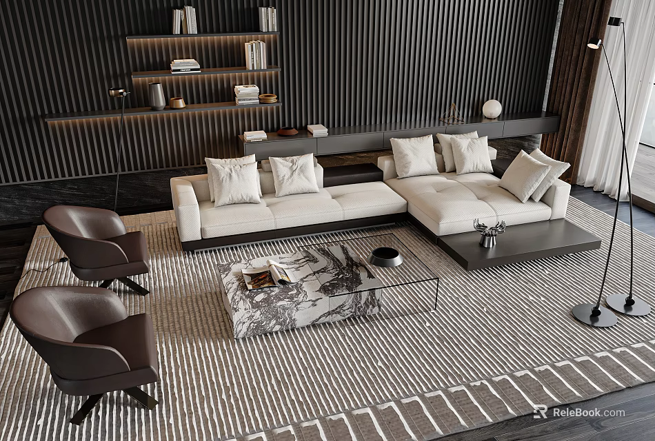 Modern L-shaped Beige Sofa And Marble Top Coffee Table Set With Area Rug And Accent Chairs 3d model 