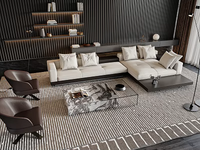 Modern L-shaped Beige Sofa And Marble Top Coffee Table Set With Area Rug And Accent Chairs 3d model