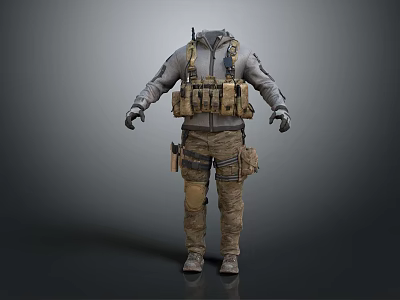 Tactical Clothing with Vest Cargo Pants and Gray Khaki Boots on Mannequin 3d model