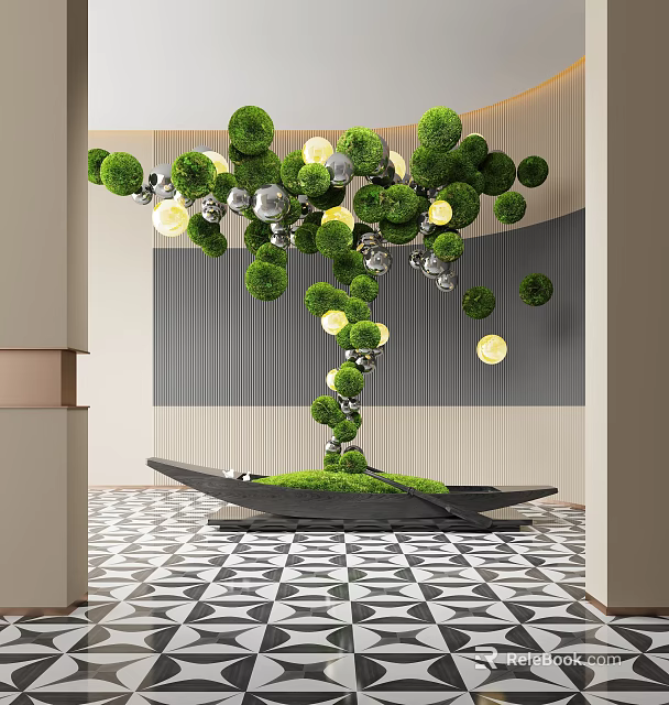 Decorative Indoor Green Plant Installation With Spherical Foliage Hanging Lights On Black White Geometric Floor 3d model 