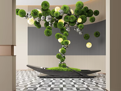 Decorative Indoor Green Plant Installation With Spherical Foliage Hanging Lights On Black White Geometric Floor 3d model