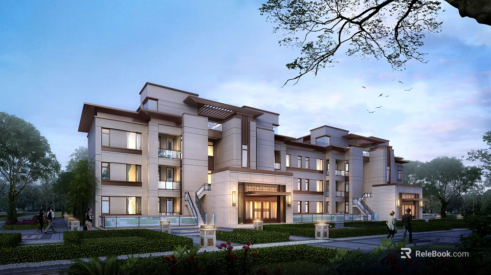 Modern Townhouse Exterior Design With Balconies Greenery And Entrance Walkway 3d model 