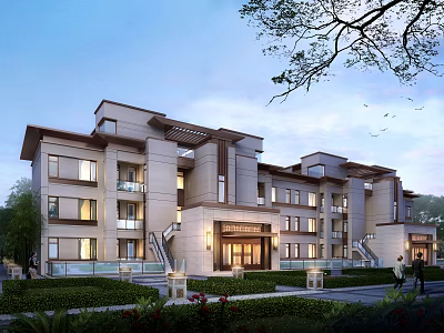 Modern Townhouse Exterior Design With Balconies Greenery And Entrance Walkway 3d model