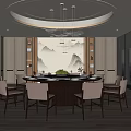 New Chinese Dining Box Large Round Table Solid Wood Dining Chair End View Table Crystal Chandelier Round Chandelier New Chinese Background Wall Potted Tableware 3d model